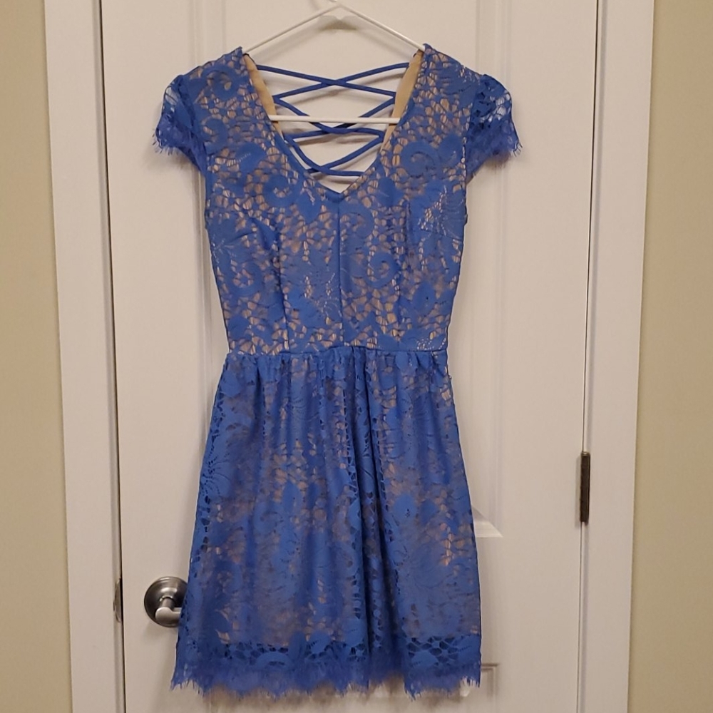Speechless Petit Blue Lace Over Nude Dress
